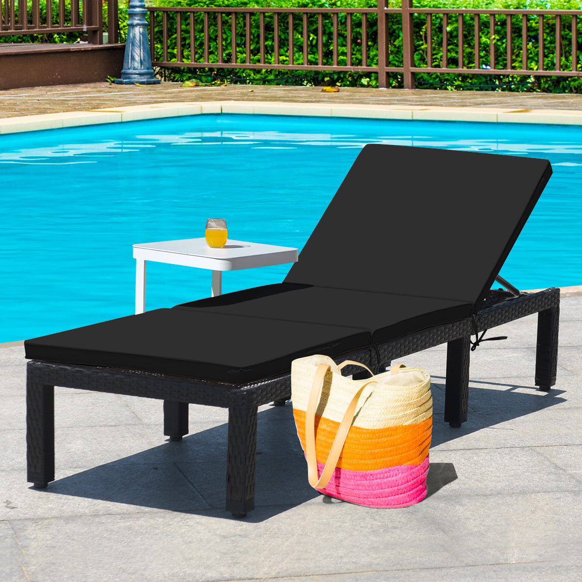 Patio Rattan Height Adjustable Lounge Chair with 2 Set of Cushion Cover-Black & Turquoise