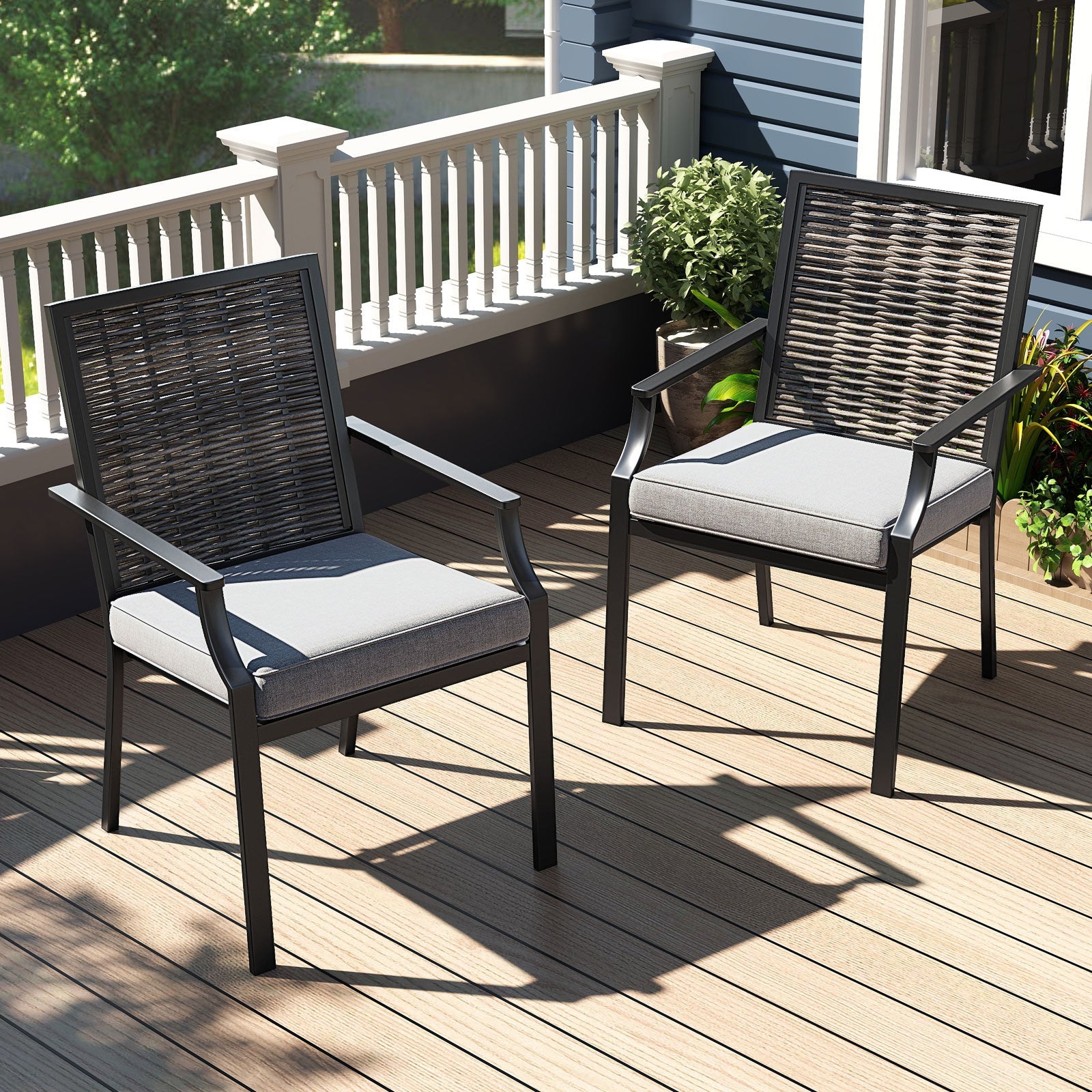 Patio Wicker Chairs Set of 2 Stackable Rattan Armchairs with Removable Cushions-Grey