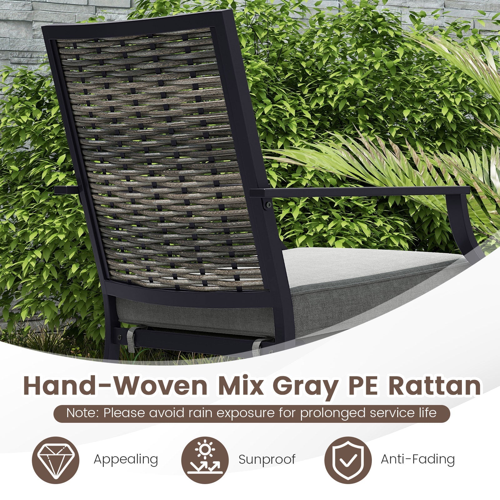 Patio Wicker Chairs Set of 2 Stackable Rattan Armchairs with Removable Cushions-Grey