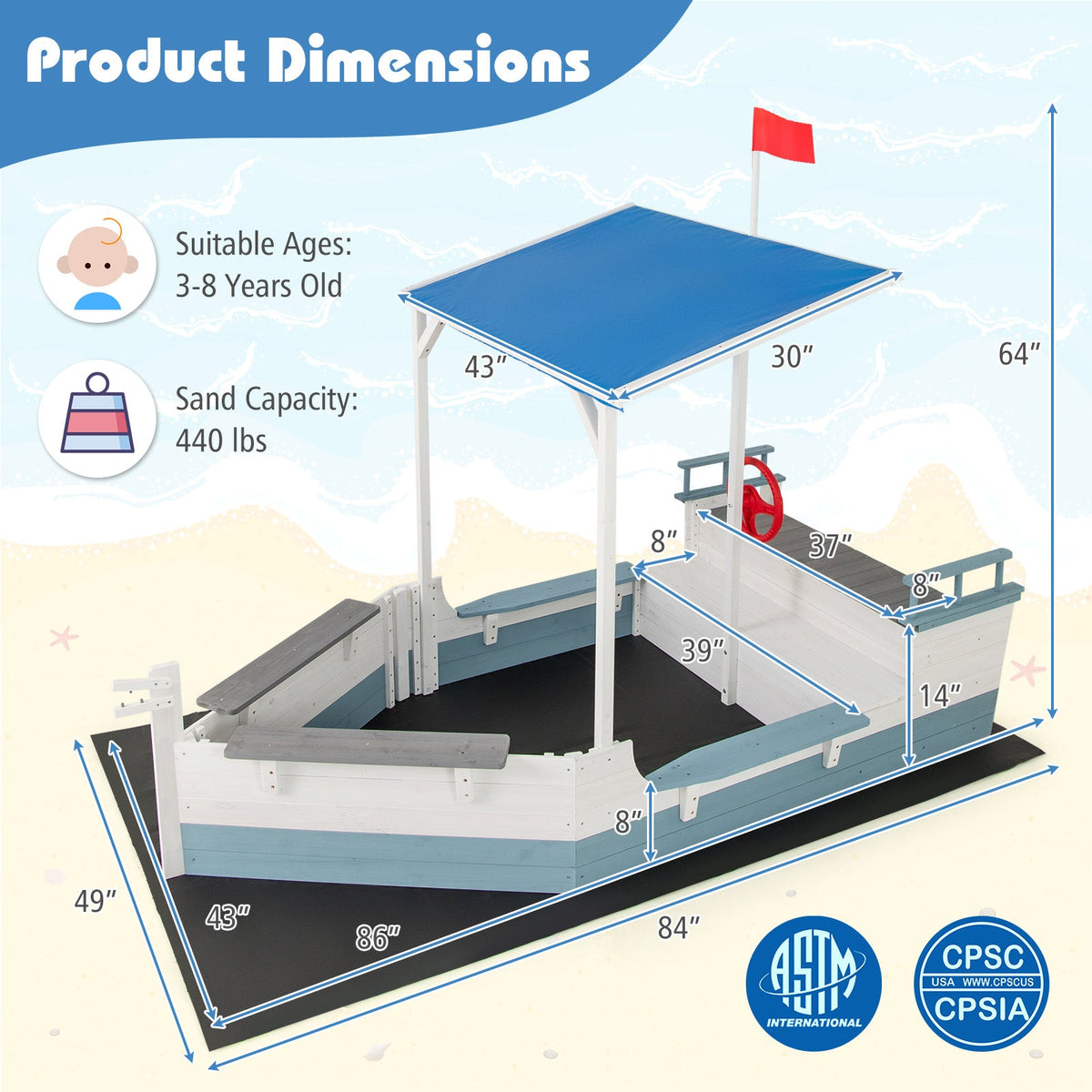 Pirate Ship Sandbox with Canopy with Bench Seats and Bottom Liner-White