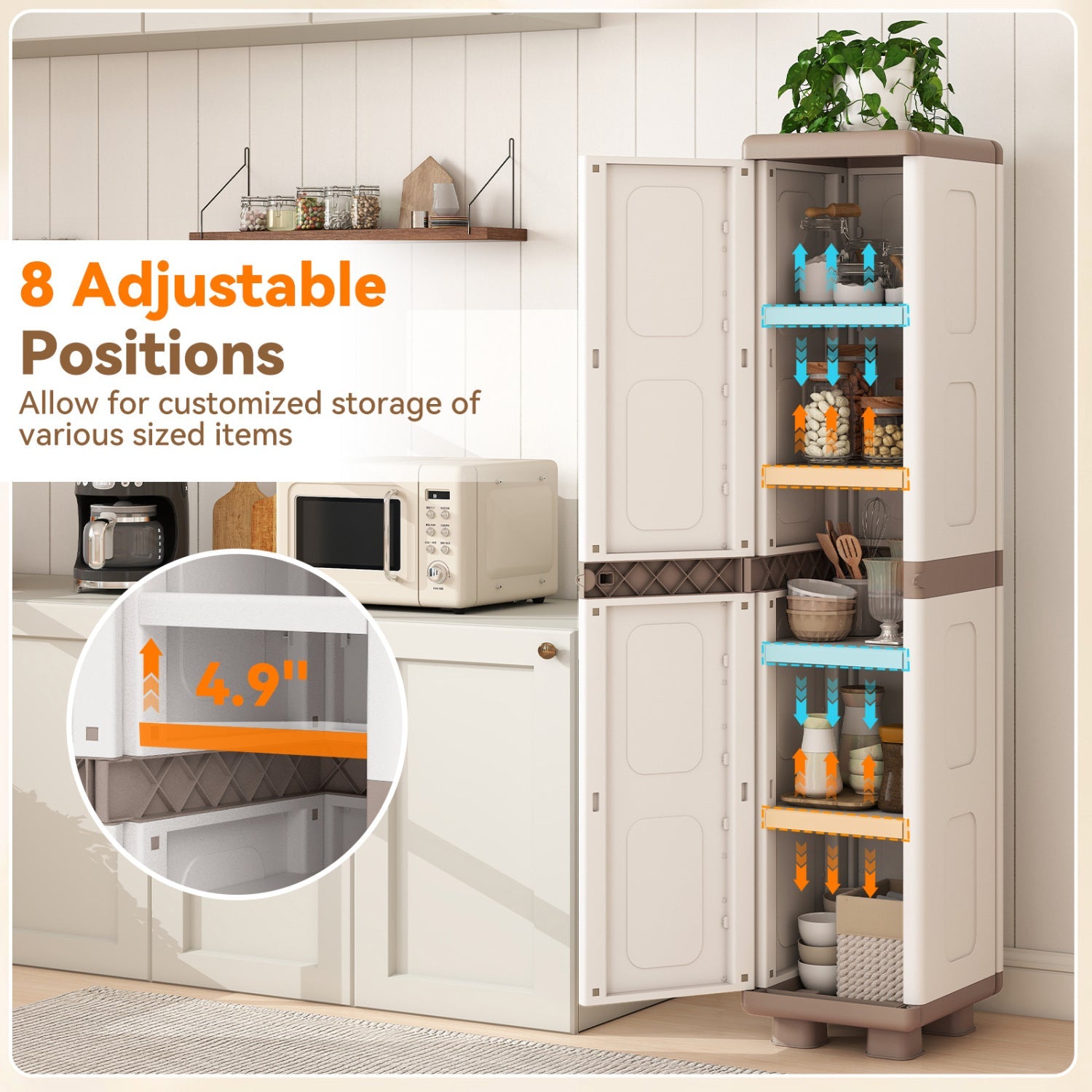 Plastic Kitchen Pantry with 4 Adjustable Shelves and Single Door for Living Room and Kitchen