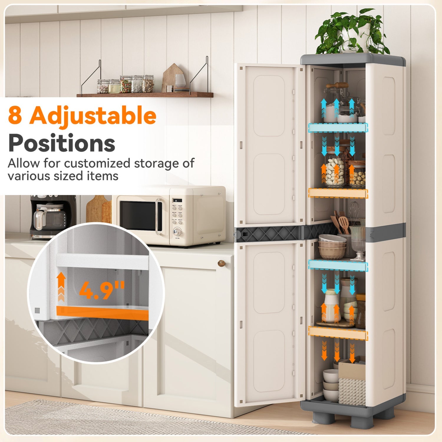 Plastic Kitchen Pantry with 4 Adjustable Shelves and Single Door for Living Room and Kitchen