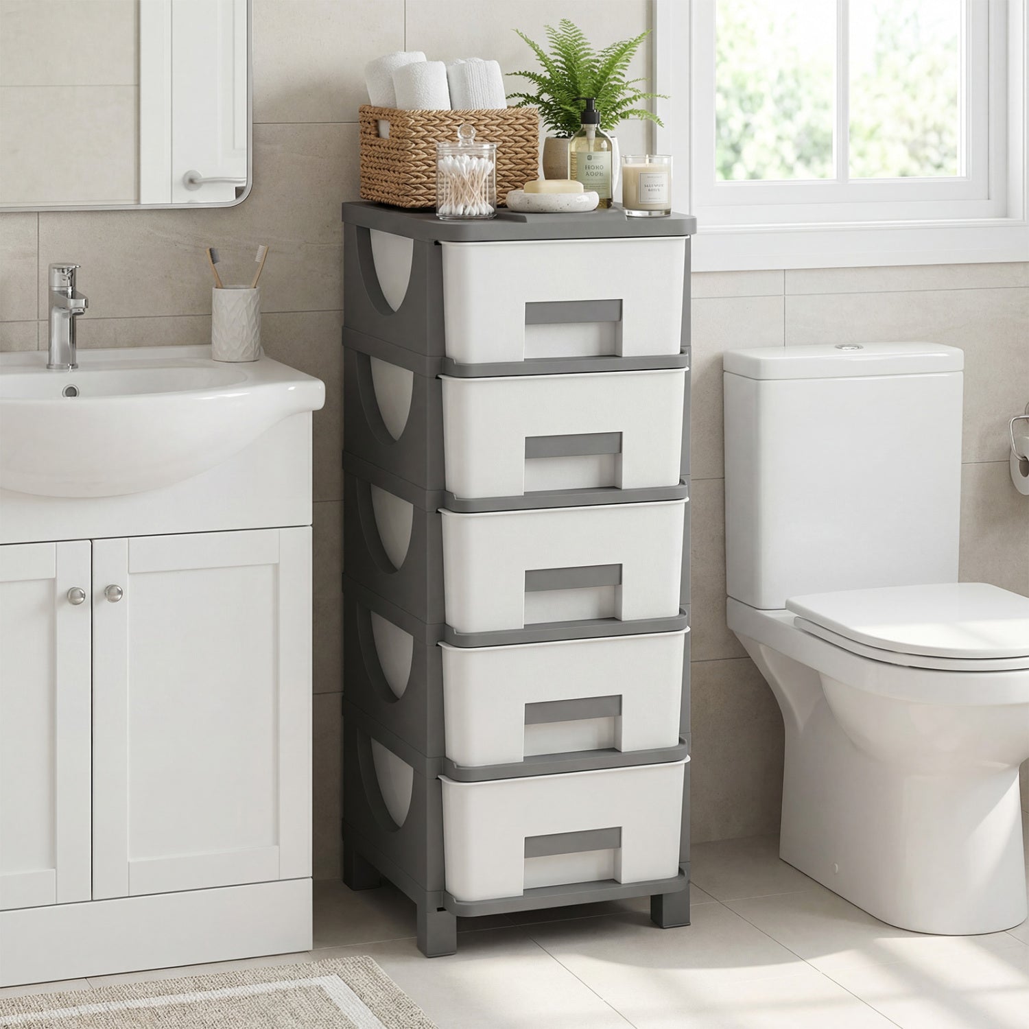 Plastic Storage Organizer with Handles and Compact Drawer Cabinet Side Table for Bedroom
