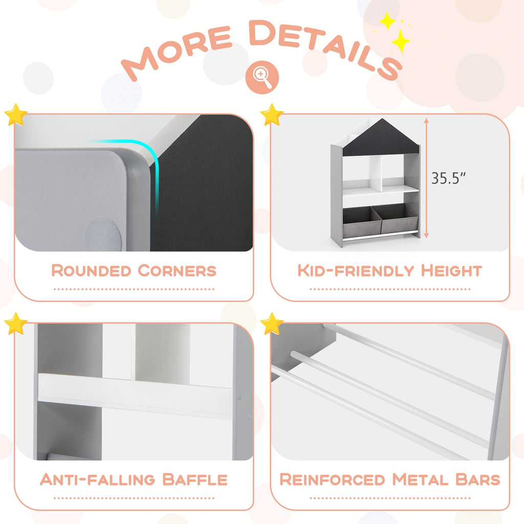 Playhouse Kids Bookshelf with Chalkboard and Whiteboard for 3-6 Years-Gray