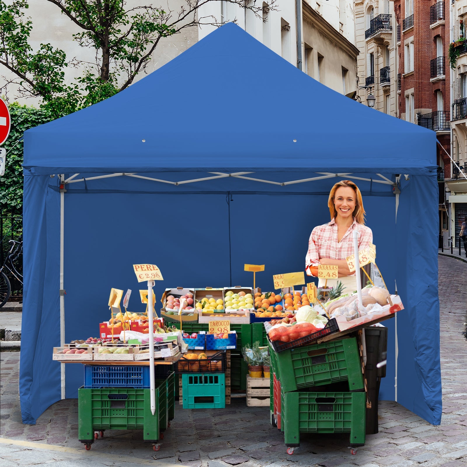 10 x 10 Feet Pop-up Gazebo with 5 Removable Zippered Sidewalls and Extended Awning-Blue