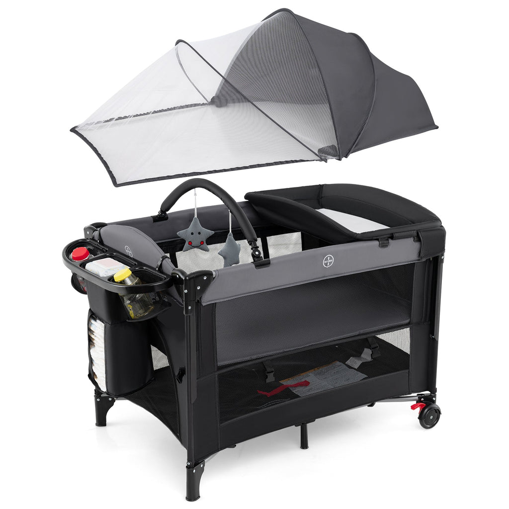 Foldable Baby Bassinet with 4 Adjustable Heights Changing Table and Mattress-Black