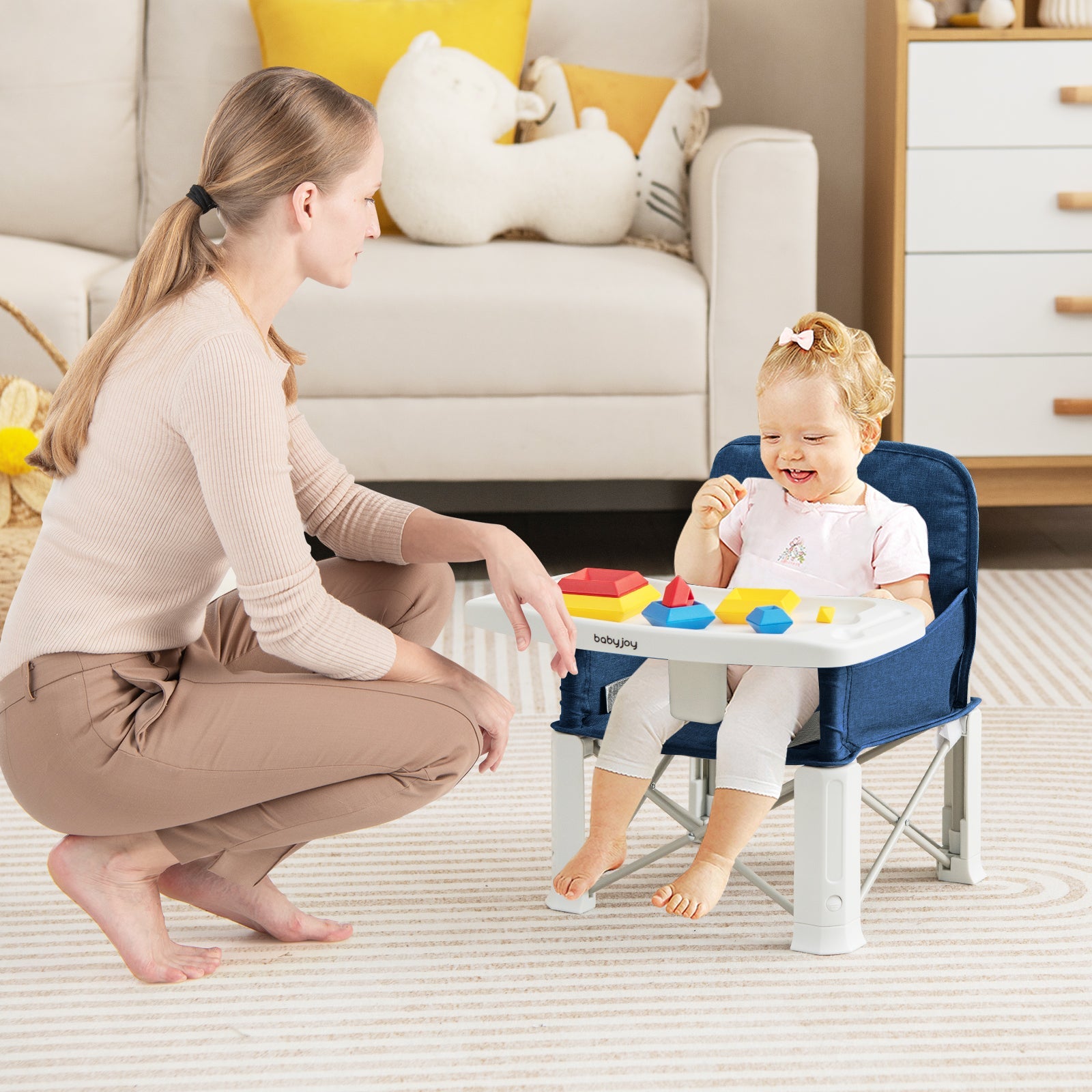 Portable Baby Booster Seat with Straps and Double Tray-Blue