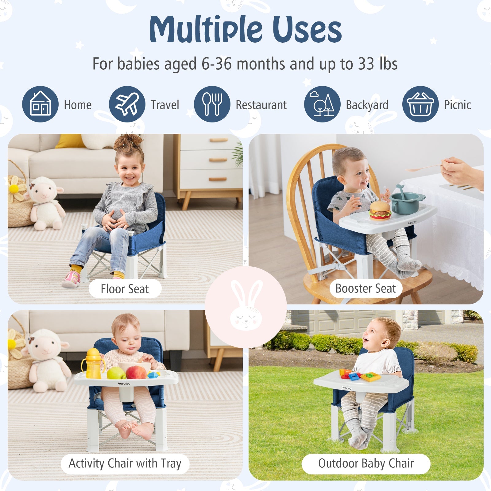 Portable Baby Booster Seat with Straps and Double Tray-Blue