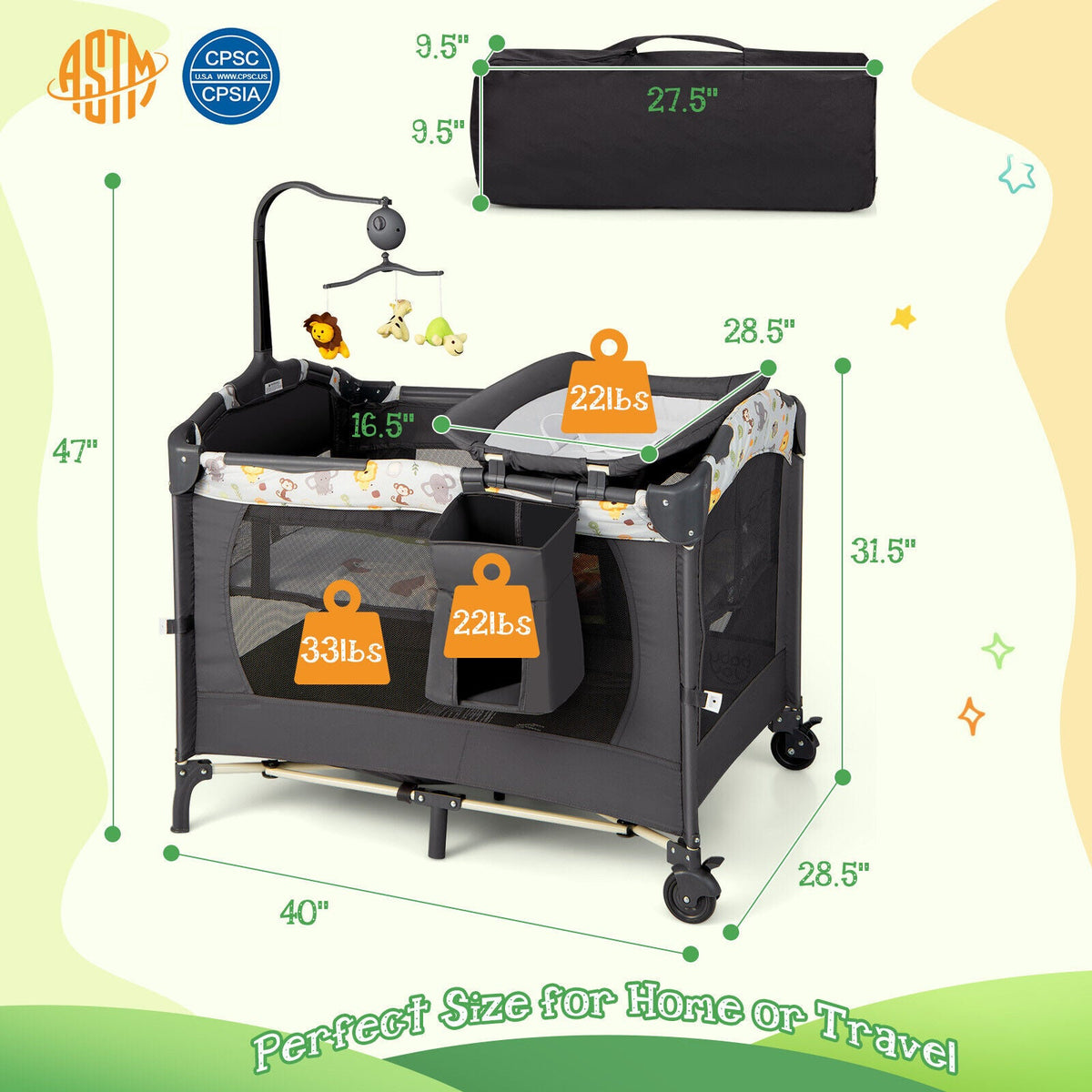 3-in-1 Convertible Portable Baby Playard with Music Box and Wheel and Brakes