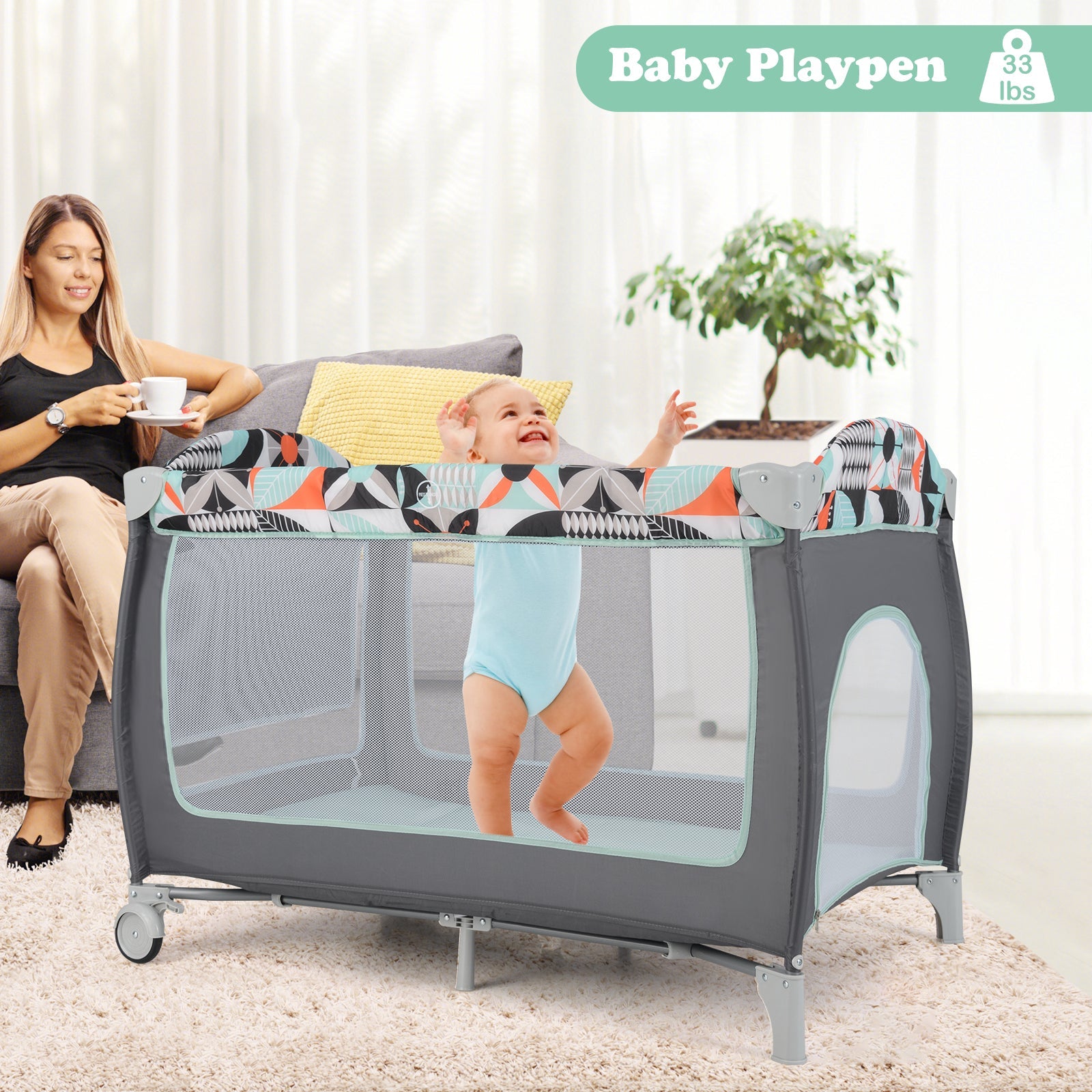3-in-1 Portable Baby Playard with Zippered Door and Toy Bar-Blue