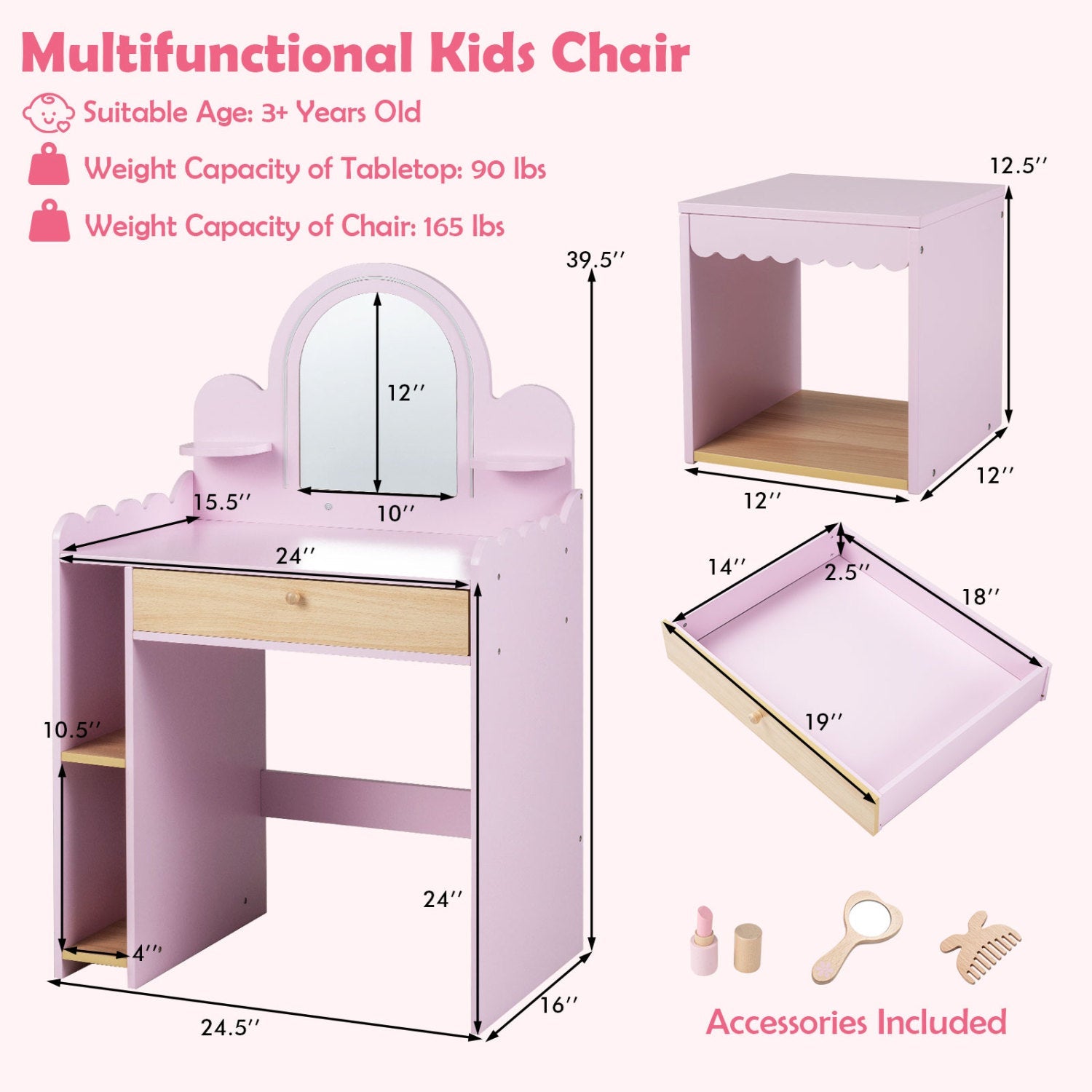 Kids Vanity Table Set with LED Mirror and Stool - Pink