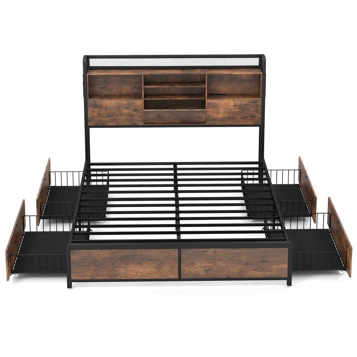 Full/Queen Size Bed Frame with Bookcase Headboard and 4 Storage Drawers