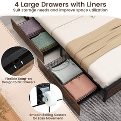 Full/Queen Size Bed Frame with Bookcase Headboard and 4 Storage Drawers