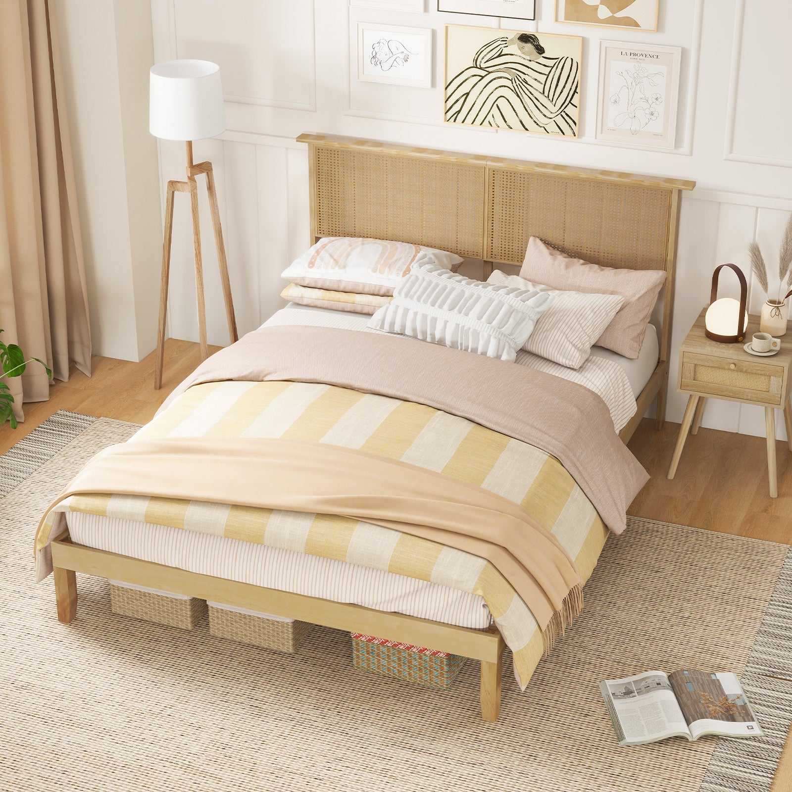 Twin/Full/Queen Size Bed Frame with Rattan Headboard-Queen Size