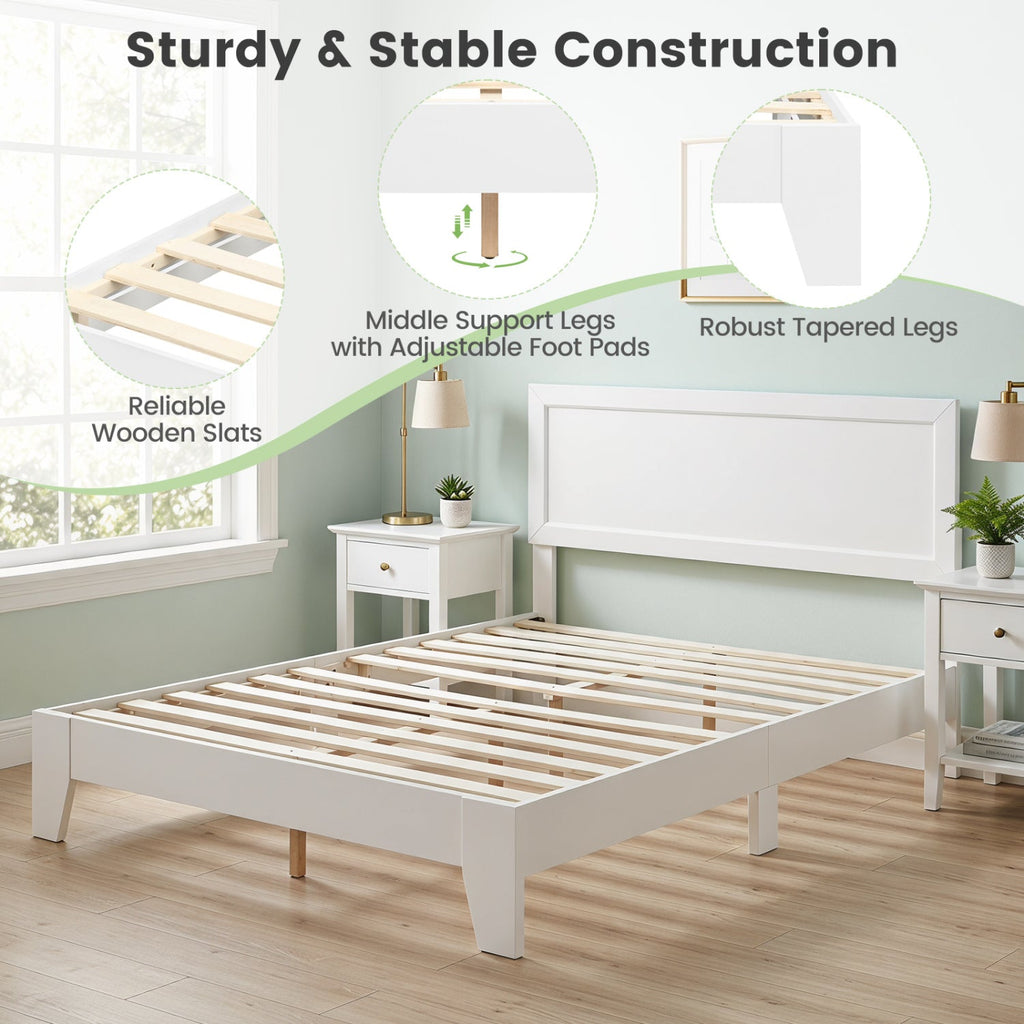 Queen Size Platform Bed Frame with Headboard - White