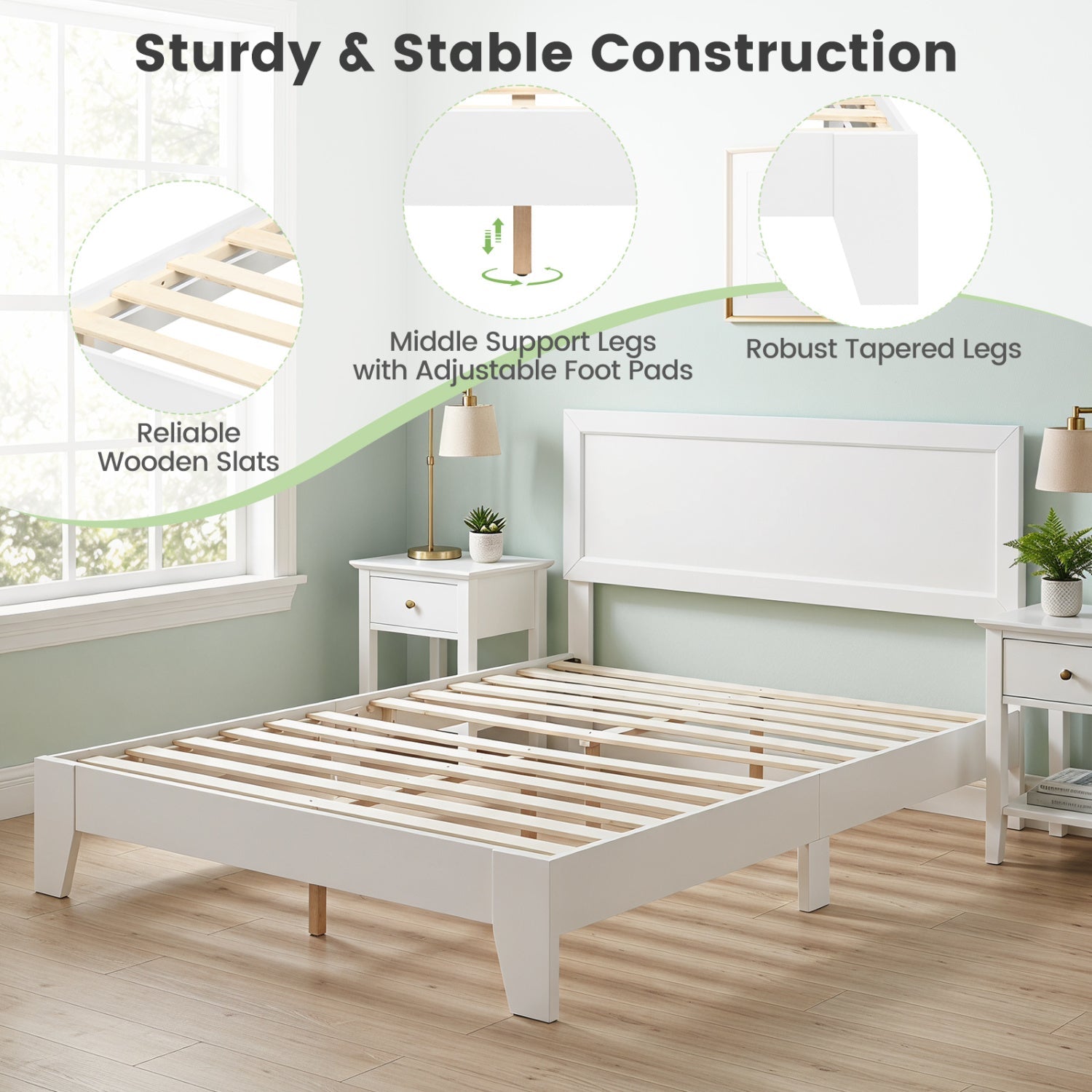Queen Size Platform Bed Frame with Headboard - White
