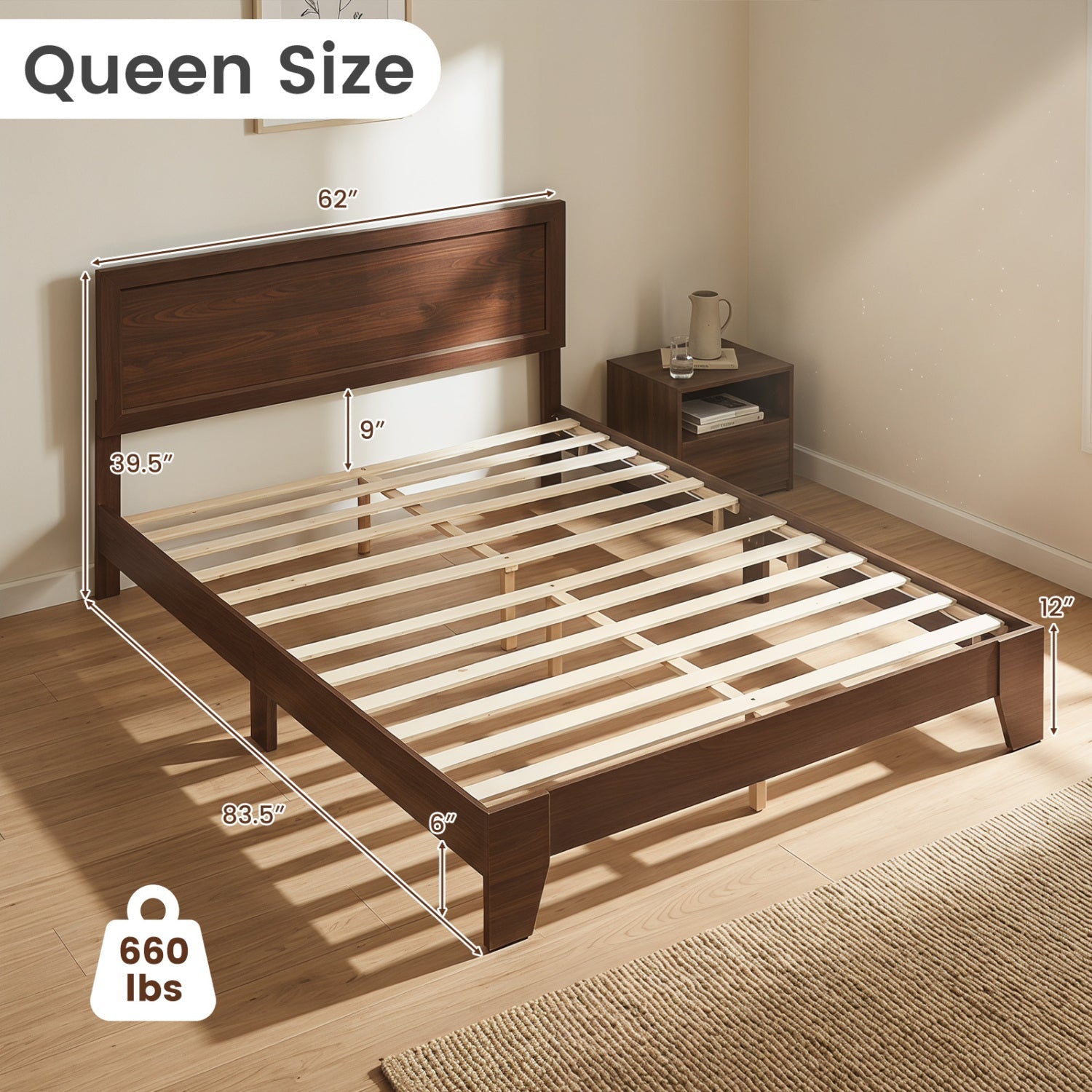Queen Size Platform Bed Frame with Headboard - White