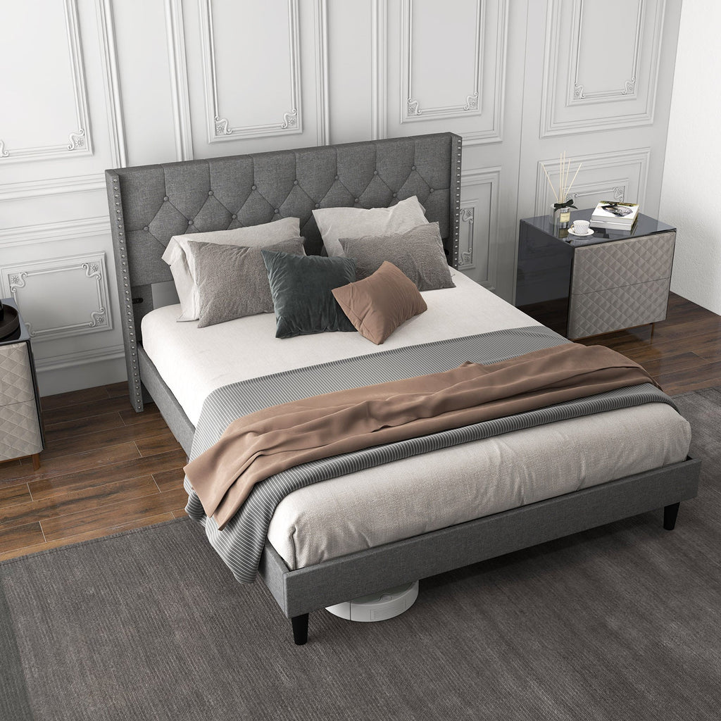 Full/Queen Size Upholstered Platform Bed with Button Tufted Headboard-Queen Size