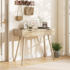 Rattan Console Table with Pull-out Drawer Boho Style Entryway Table-Natural