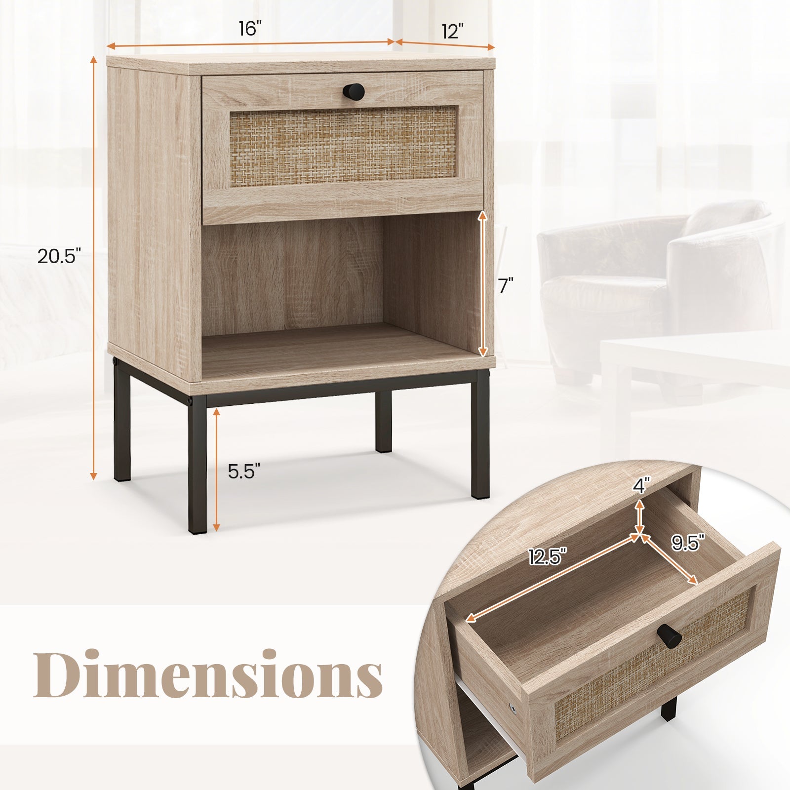 Rattan Nightstand Boho End Table with Rattan Drawer and Open Shelf Set of 2-Oak