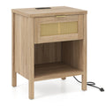 Rattan Nightstand with Charging Station and Storage Shelf for Bedroom