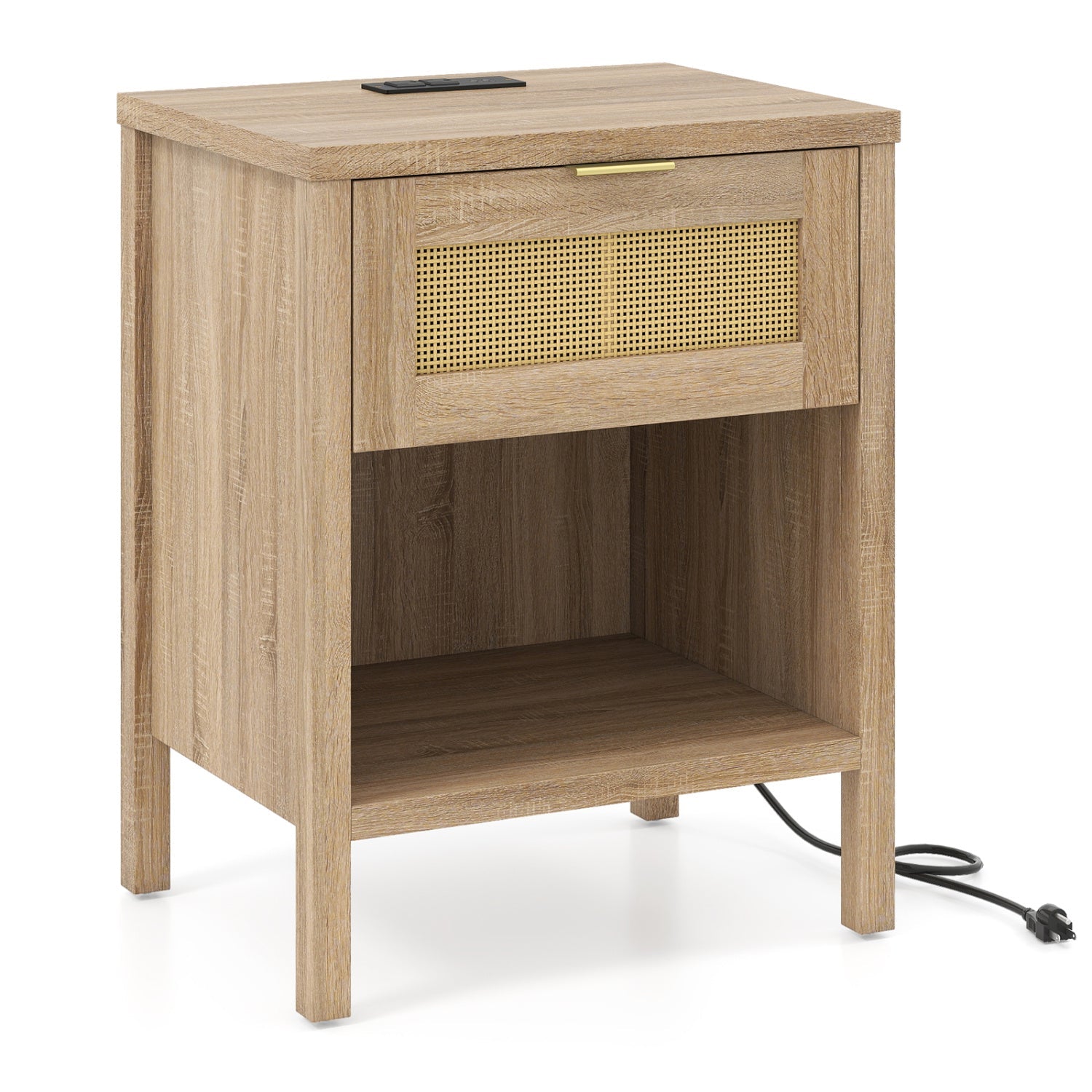Rattan Nightstand with Charging Station and Storage Shelf for Bedroom