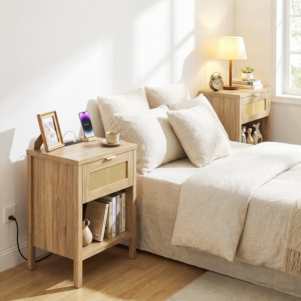 Rattan Nightstand with Charging Station and Storage Shelf for Bedroom