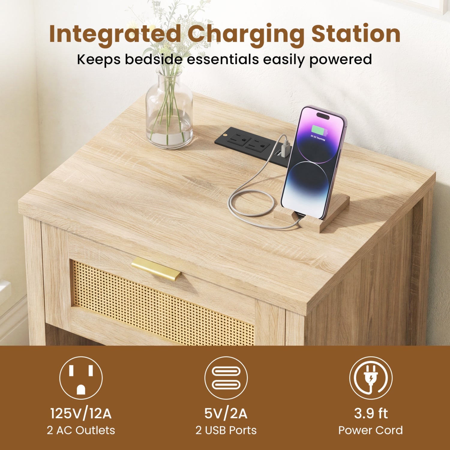 Rattan Nightstand with Charging Station and Storage Shelf for Bedroom