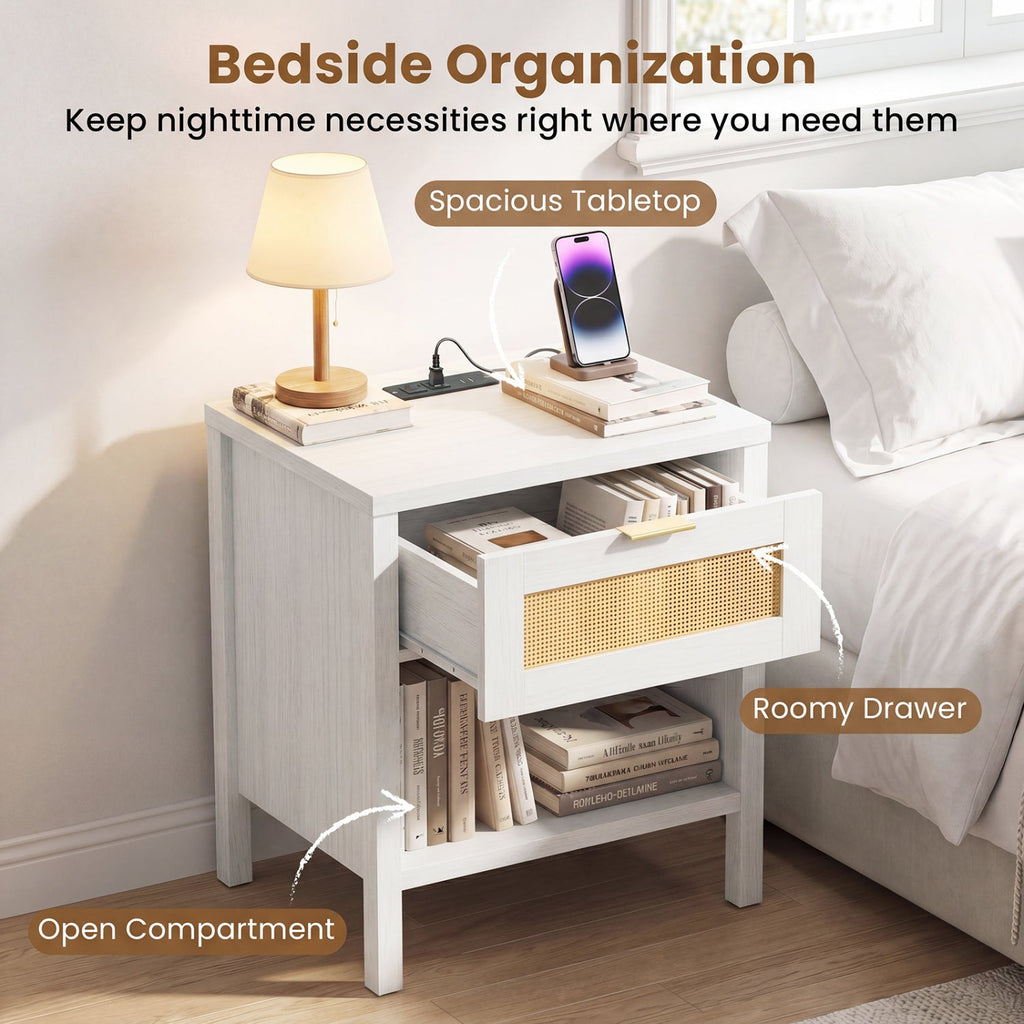 Rattan Nightstand with Charging Station and Storage Shelf for Bedroom