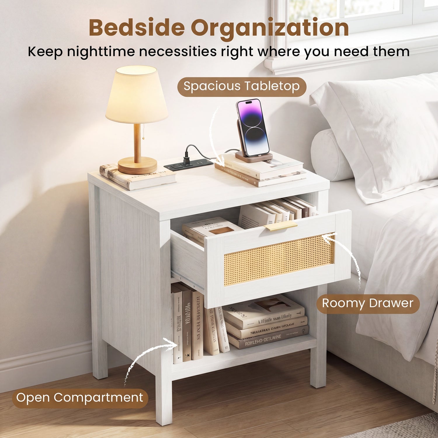 Rattan Nightstand with Charging Station and Storage Shelf for Bedroom