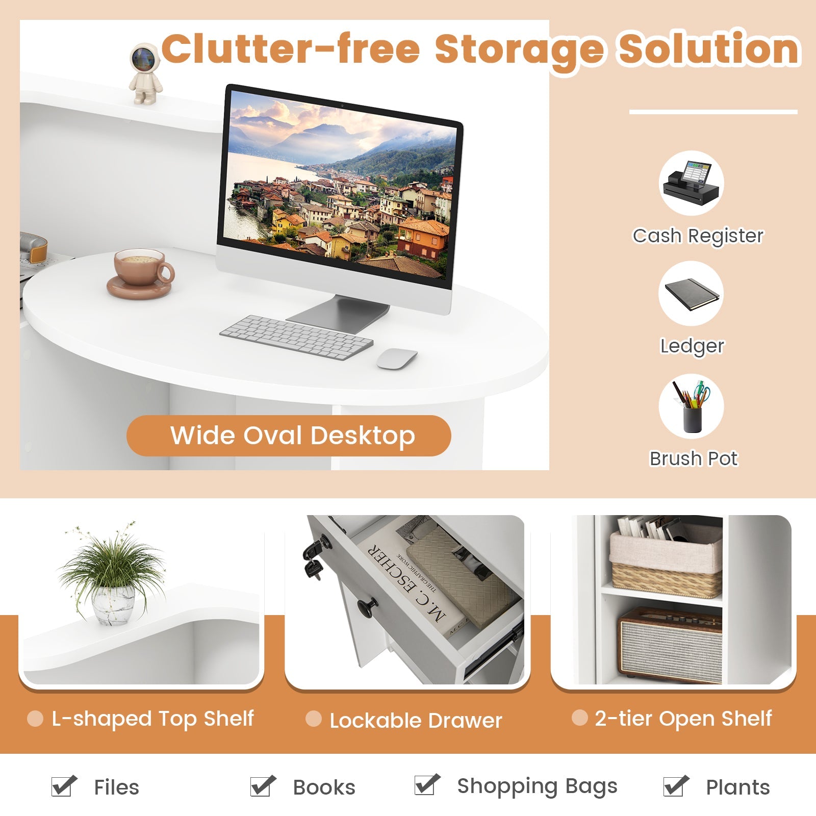 Reception Office Desk with Open Shelf and Lockable Drawer-White