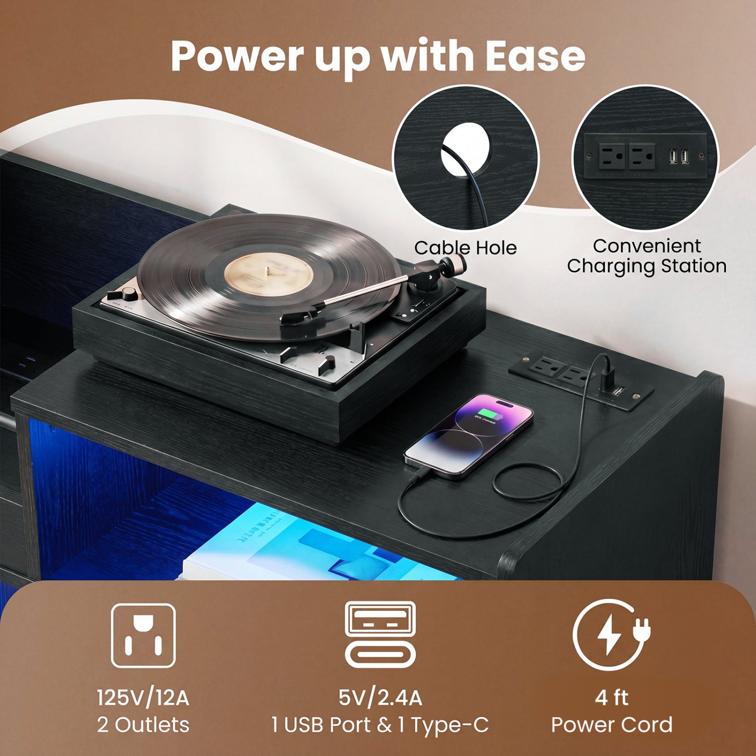 Record Player Stand with LED Light and Power Outlets