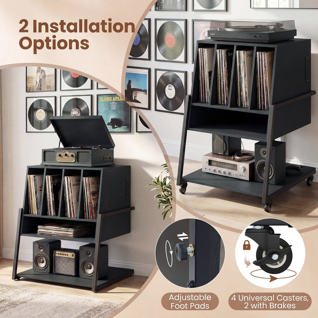 Record Player Stand on Wheels Rolling Turntable Stand with Power Outlets