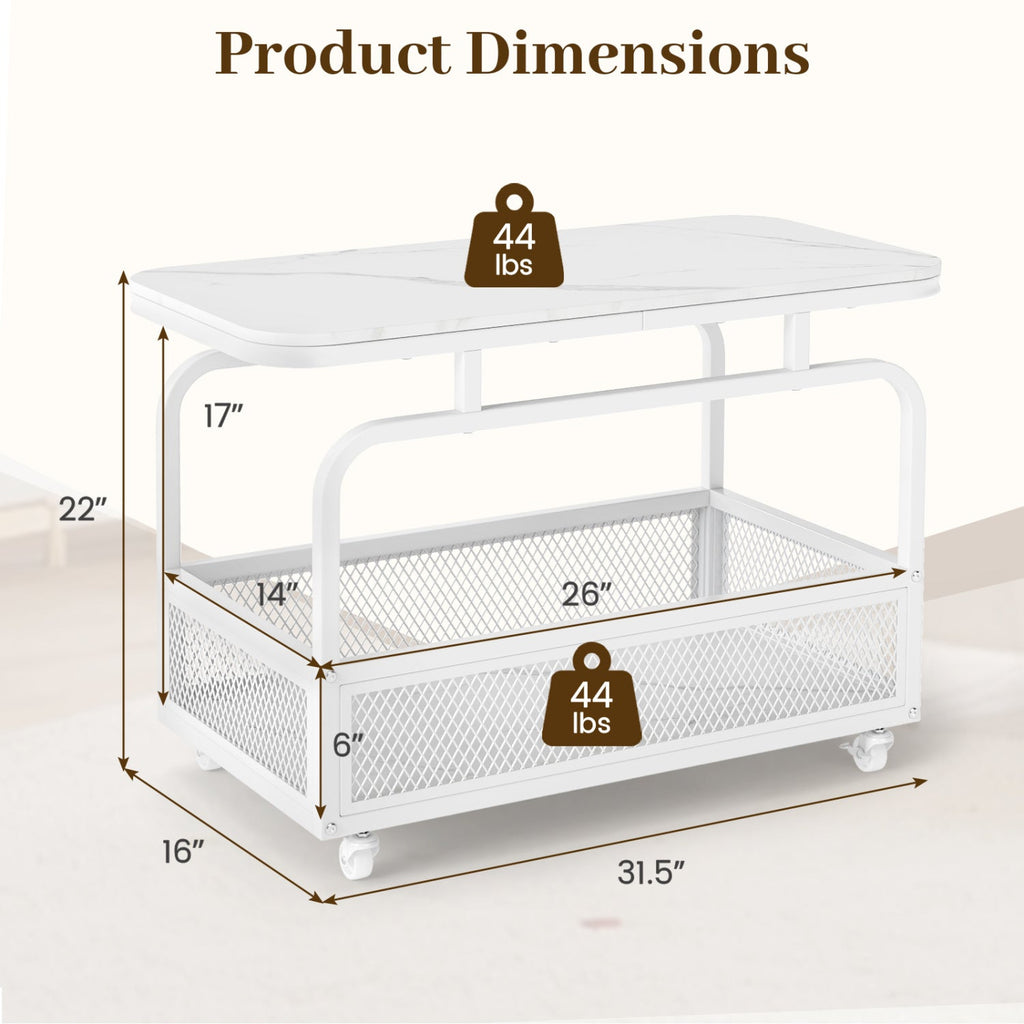 Rolling Side Table with Faux Marble Top and Storage Basket