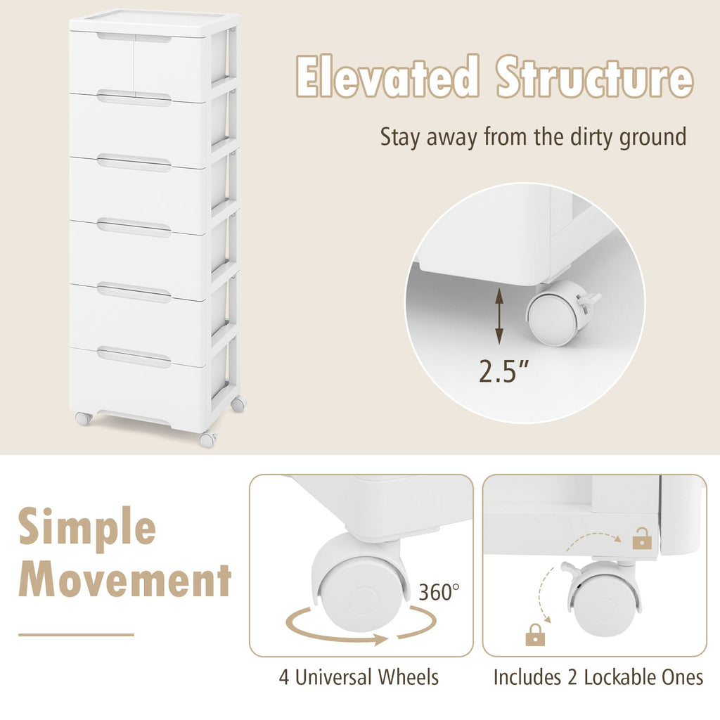 6-Drawer Rolling Storage Cabinet with Wheels - White