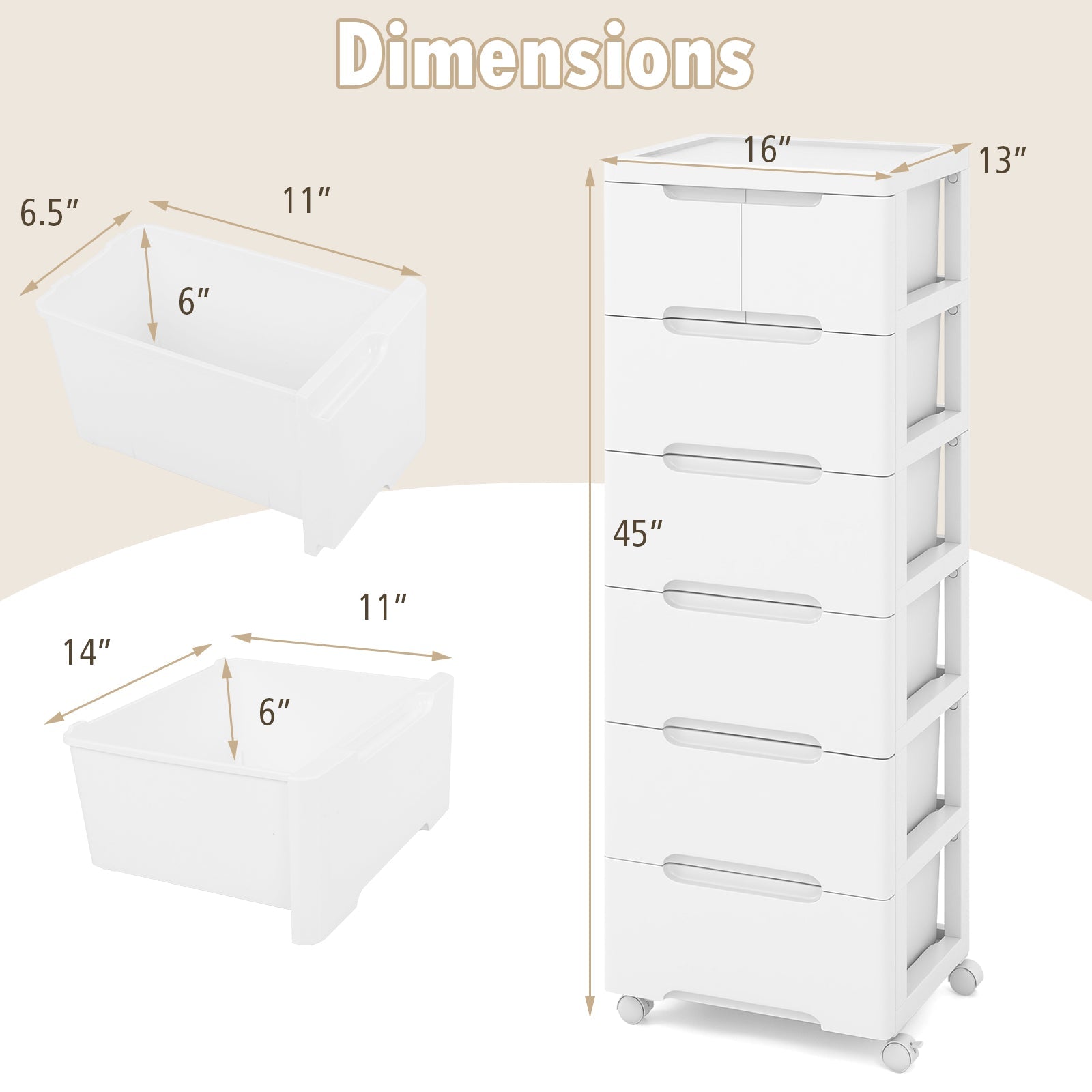 6-Drawer Rolling Storage Cabinet with Wheels - White
