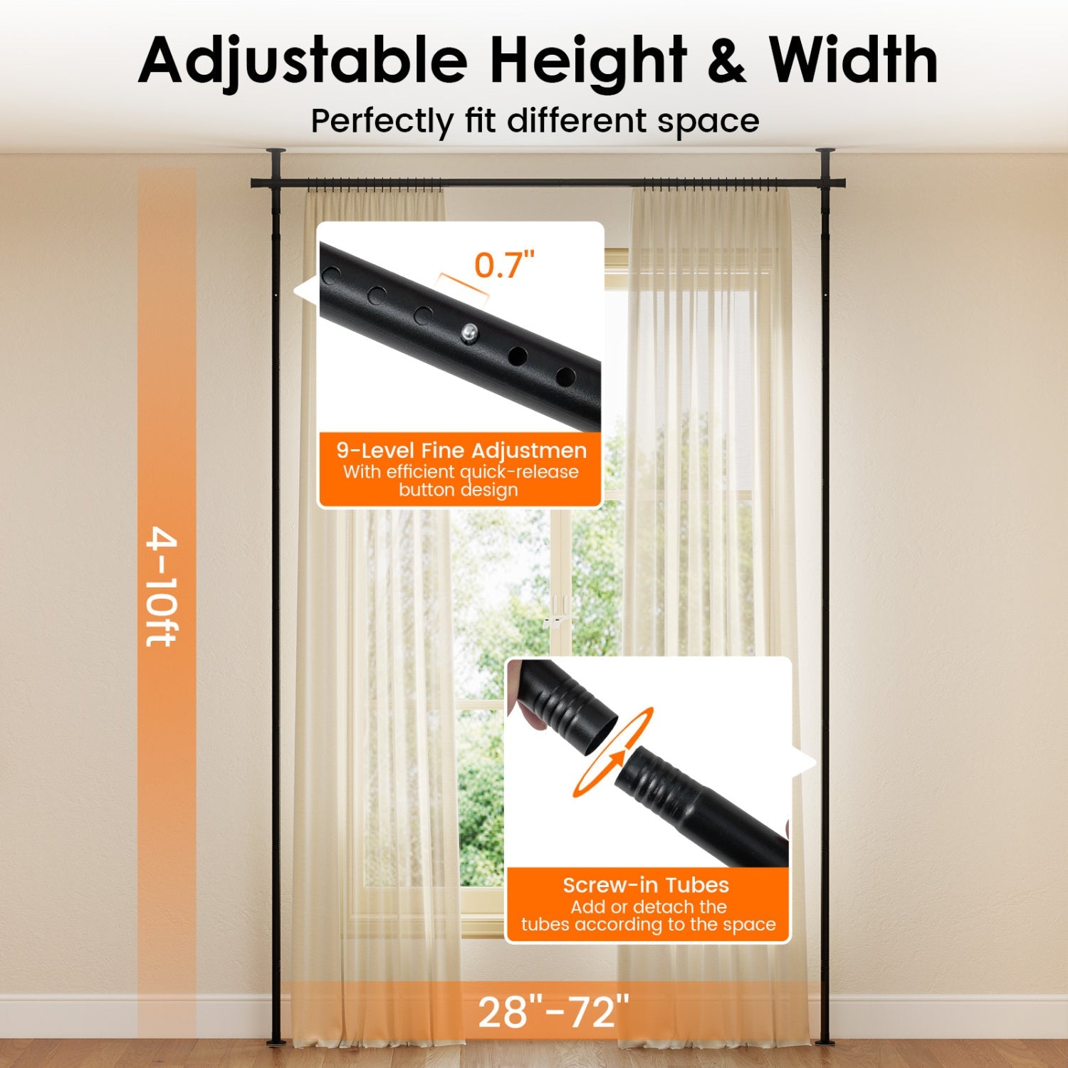 Room Divider Curtain Rod with Adjustable Floor to Ceiling Tension Rod No Drilling Required