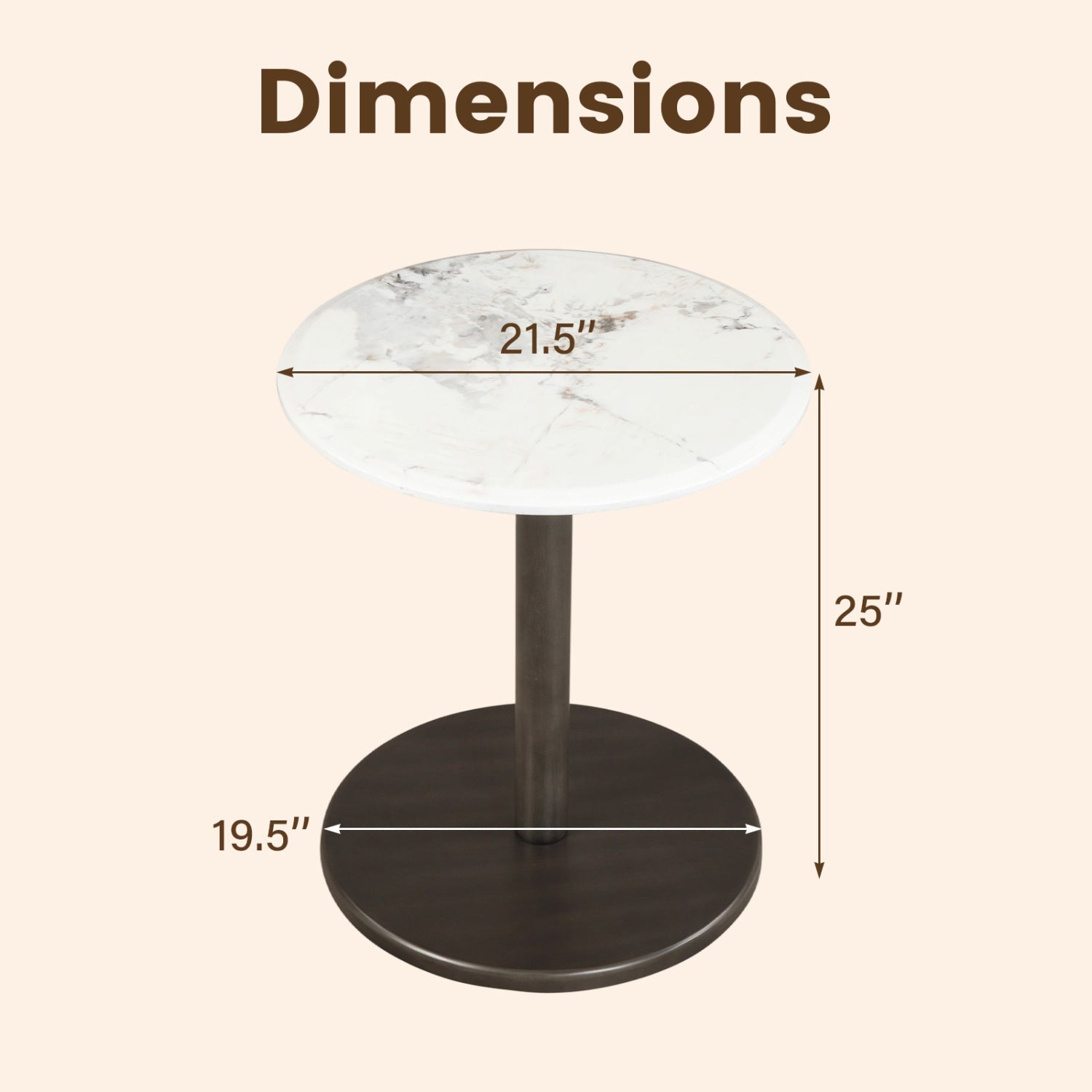 Round Marble Side Table Pedestal End Table with Stone Finish and Wooden