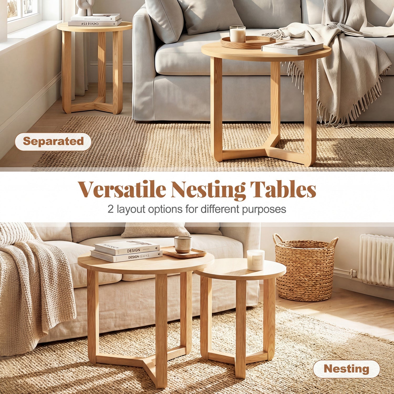 Round Nesting Coffee Table Set of 2 Wood Nesting End Tables with Thickened Top