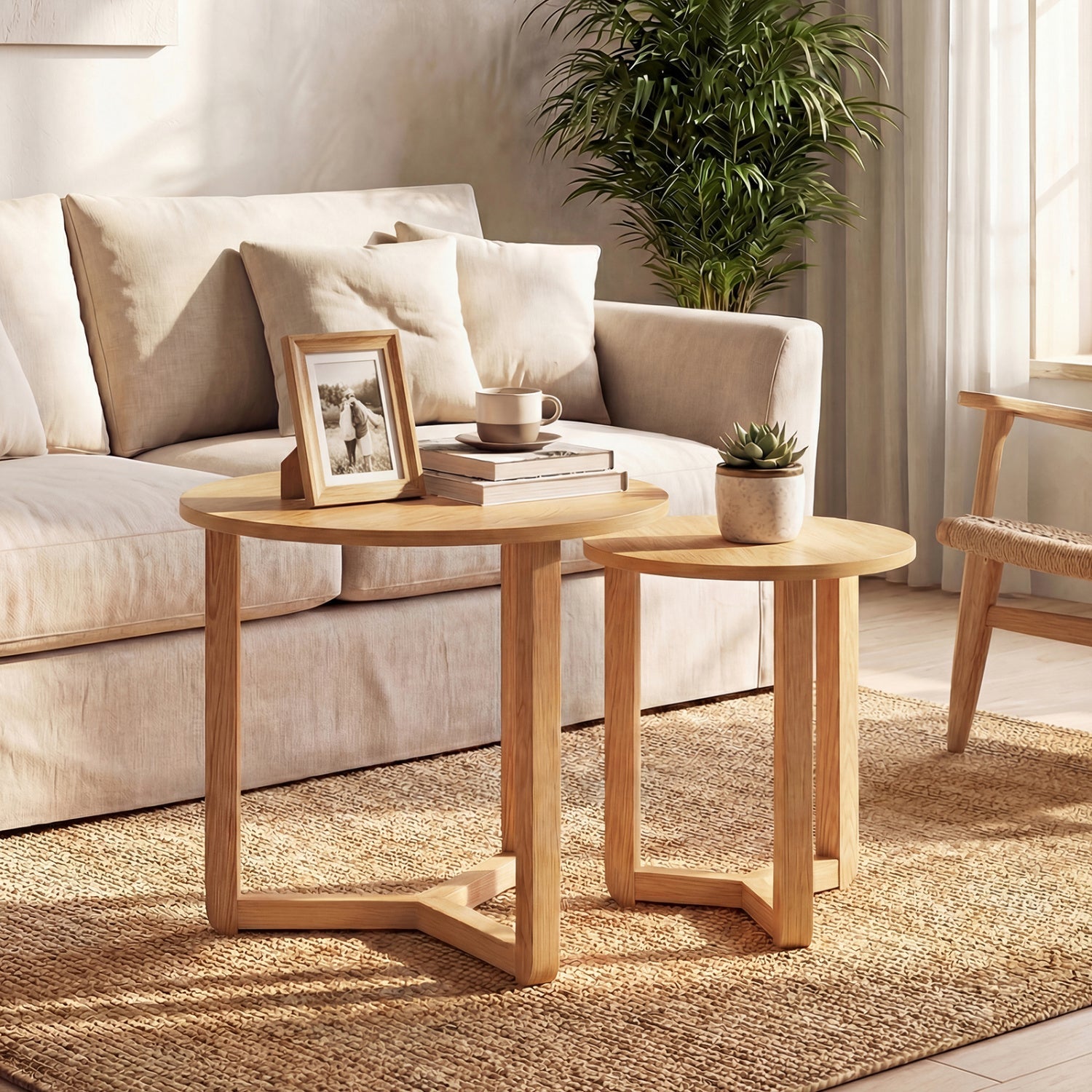Round Nesting Coffee Table Set of 2 Wood Nesting End Tables with Thickened Top