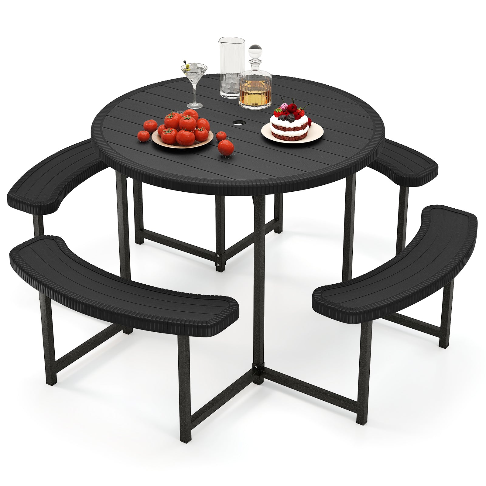 Round Picnic Table Bench Set with 4 Benches and Umbrella Hole for Patio Lawn-Black