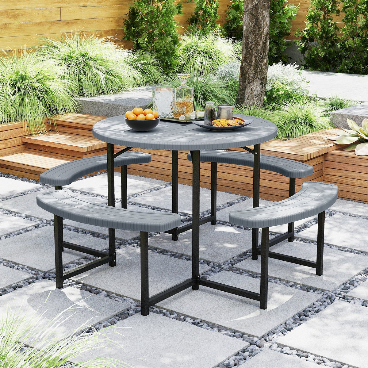 Round Picnic Table Bench Set with 4 Benches and Umbrella Hole for Patio Lawn-Gray