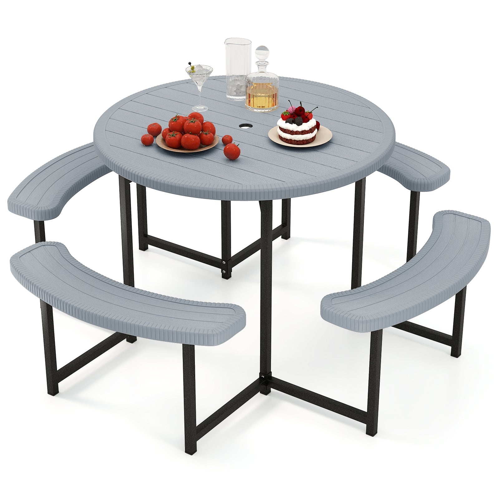 Round Picnic Table Bench Set with 4 Benches and Umbrella Hole for Patio Lawn-Gray