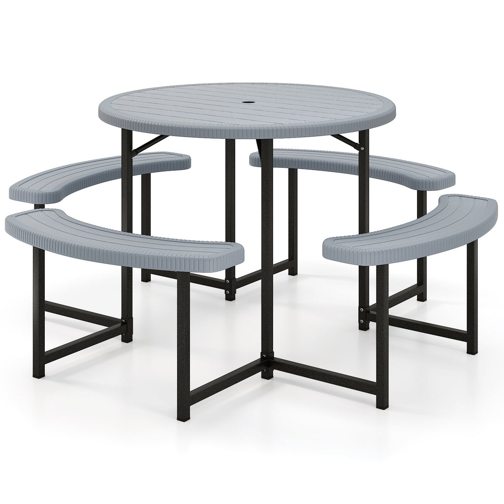 Round Picnic Table Bench Set with 4 Benches and Umbrella Hole for Patio Lawn-Gray