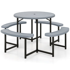 Round Picnic Table Bench Set with 4 Benches and Umbrella Hole for Patio Lawn-Gray