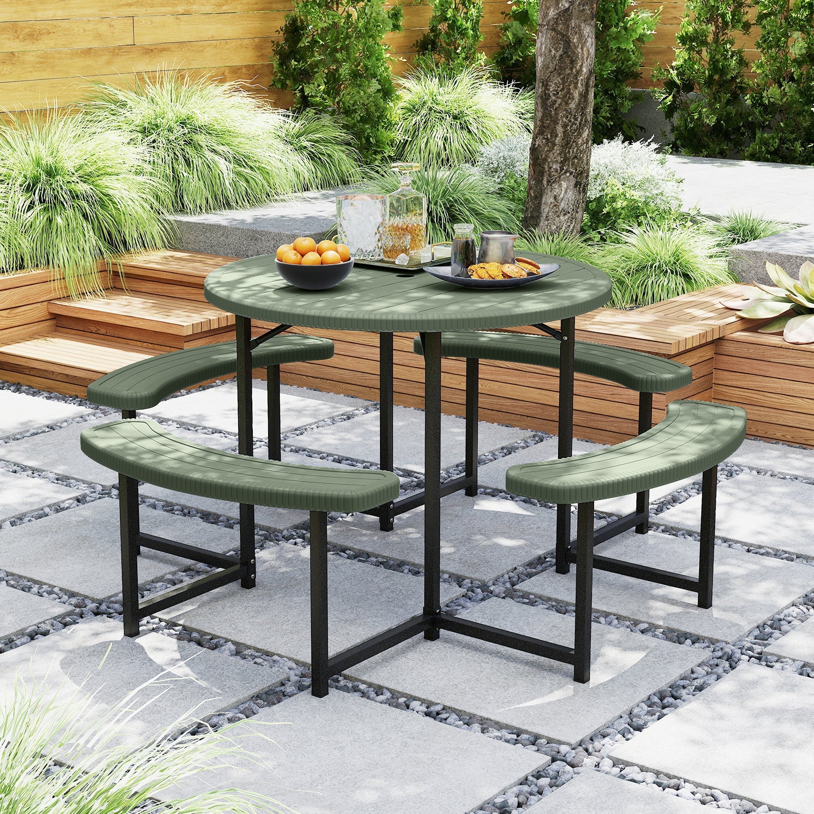 Round Picnic Table Bench Set with 4 Benches and Umbrella Hole for Patio Lawn-Green