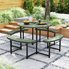 Round Picnic Table Bench Set with 4 Benches and Umbrella Hole for Patio Lawn-Green