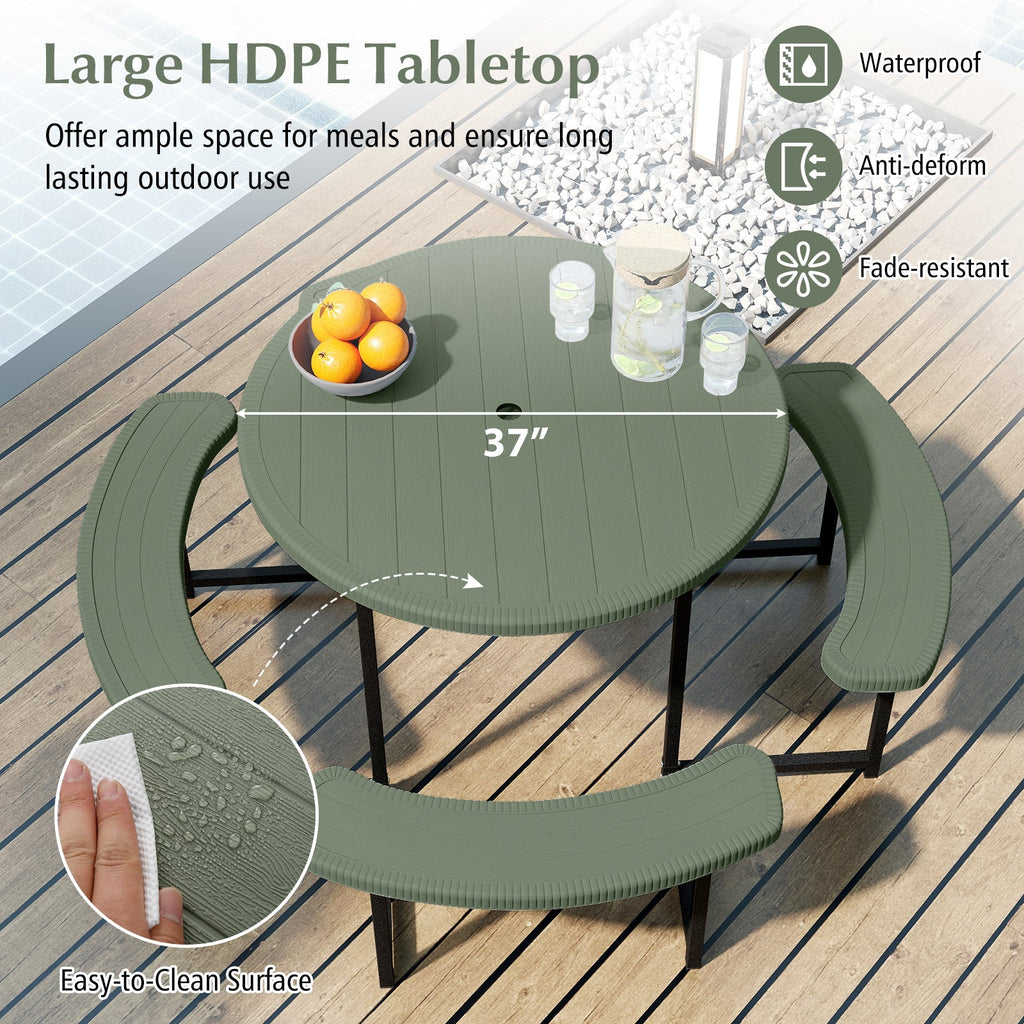 Round Picnic Table Bench Set with 4 Benches and Umbrella Hole for Patio Lawn-Green
