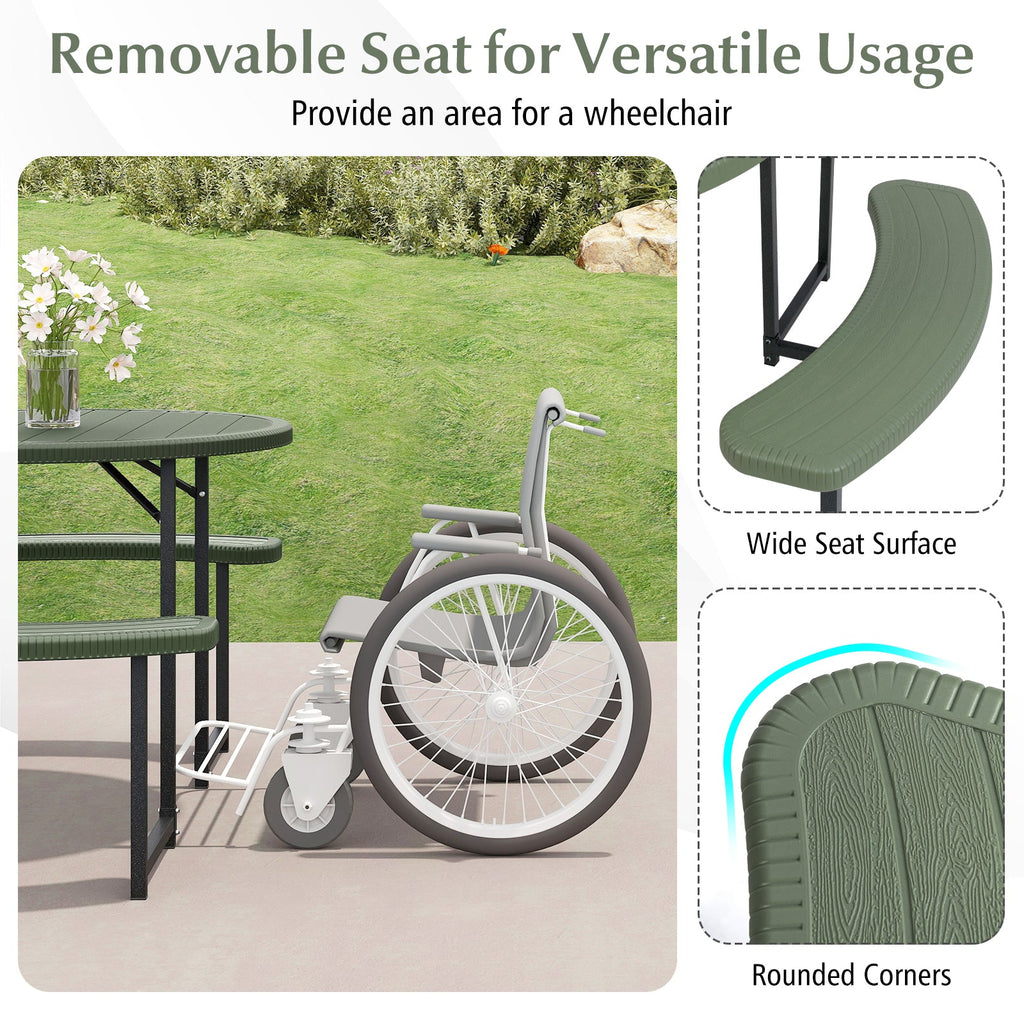 Round Picnic Table Bench Set with 4 Benches and Umbrella Hole for Patio Lawn-Green