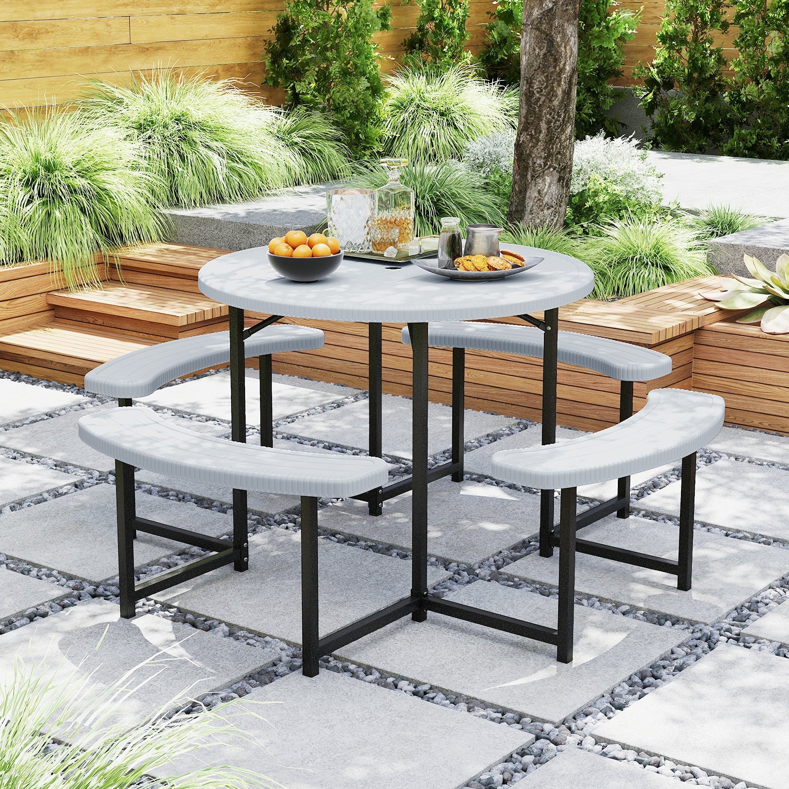 Round Picnic Table Bench Set with 4 Benches and Umbrella Hole for Patio Lawn-White